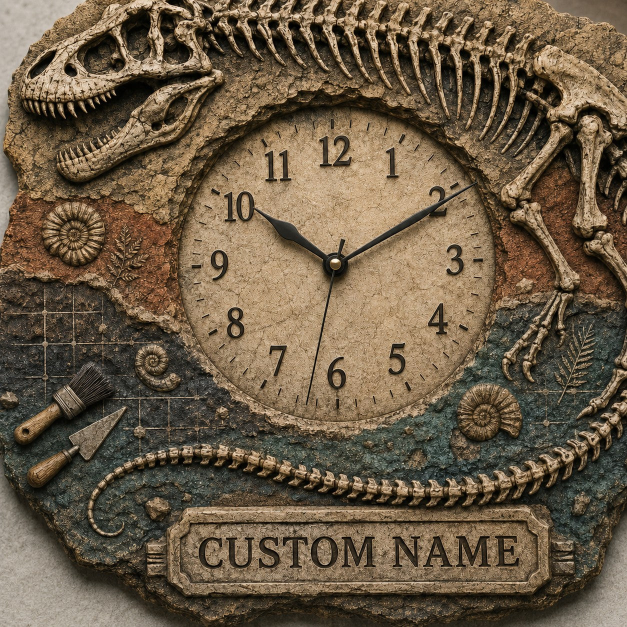 T Rex skeleton Custom Name Wall Clock — personalized with a custom name