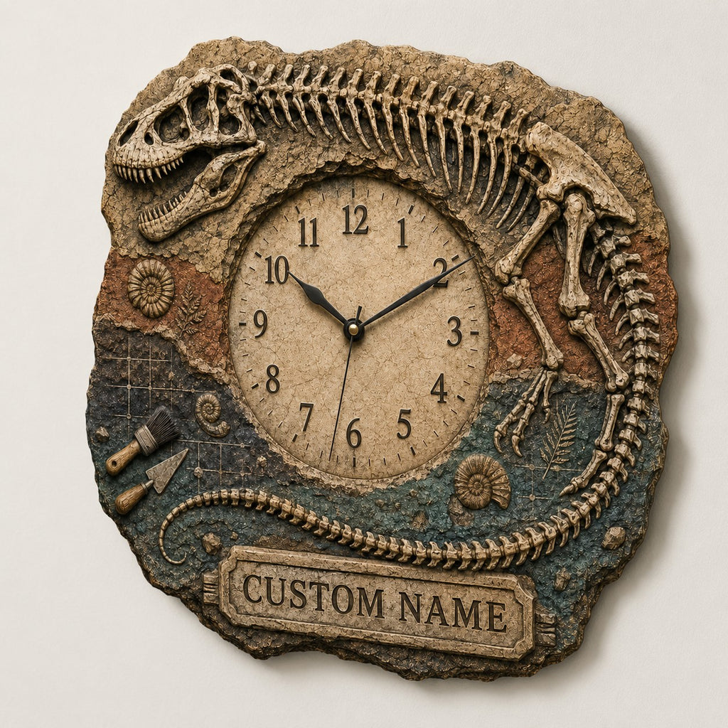 T Rex skeleton Custom Name Wall Clock — personalized with a custom name