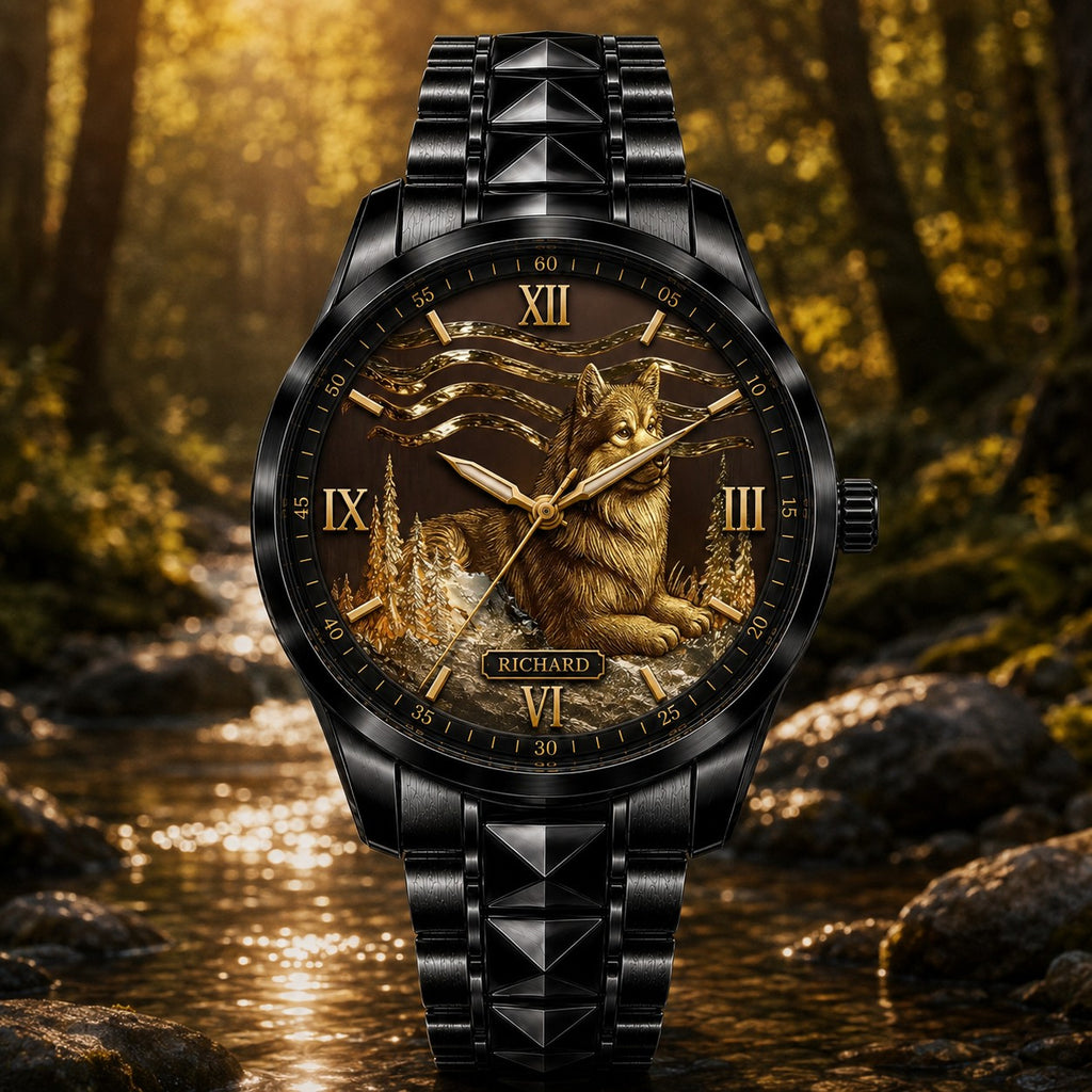 Custom Golden Forest Wolf Watch — personalized with a custom name