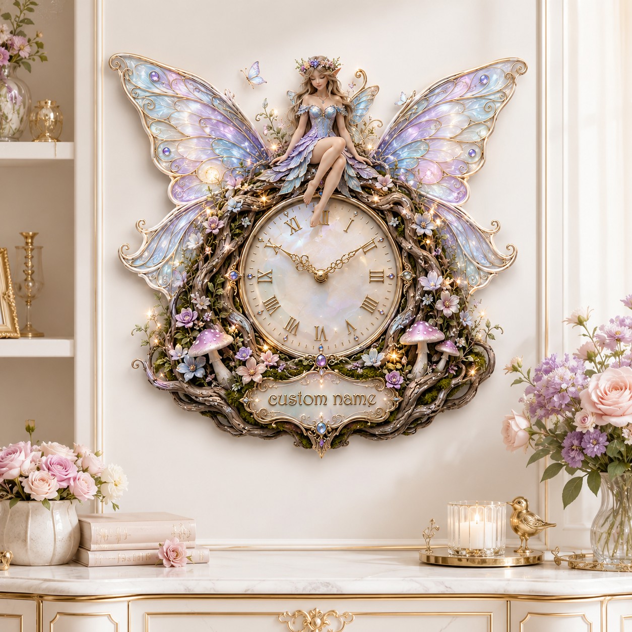Personalized enchanted woodland fairy wall clock — personalized with a custom name