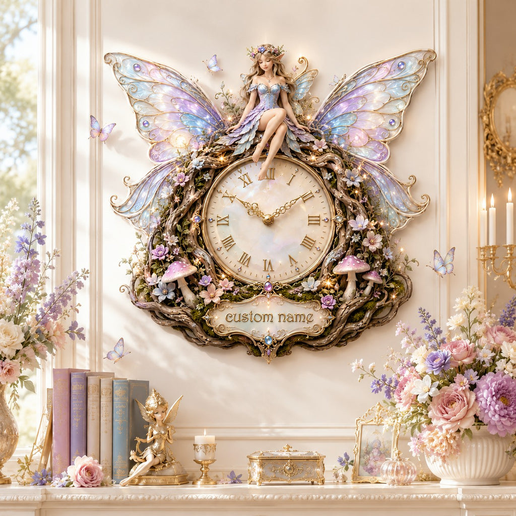 Personalized enchanted woodland fairy wall clock — personalized with a custom name