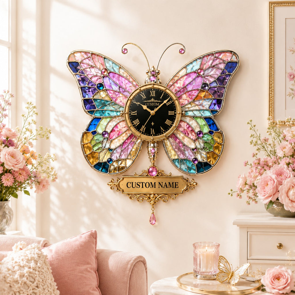 Personalized Stained Glass Butterfly Custom Name Wall Clock — personalized with a custom name