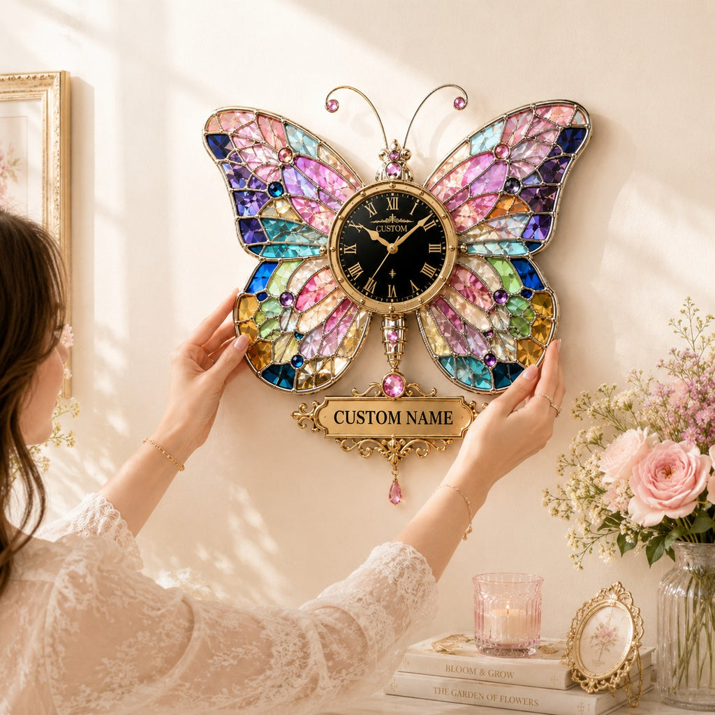 Personalized Stained Glass Butterfly Custom Name Wall Clock — personalized with a custom name