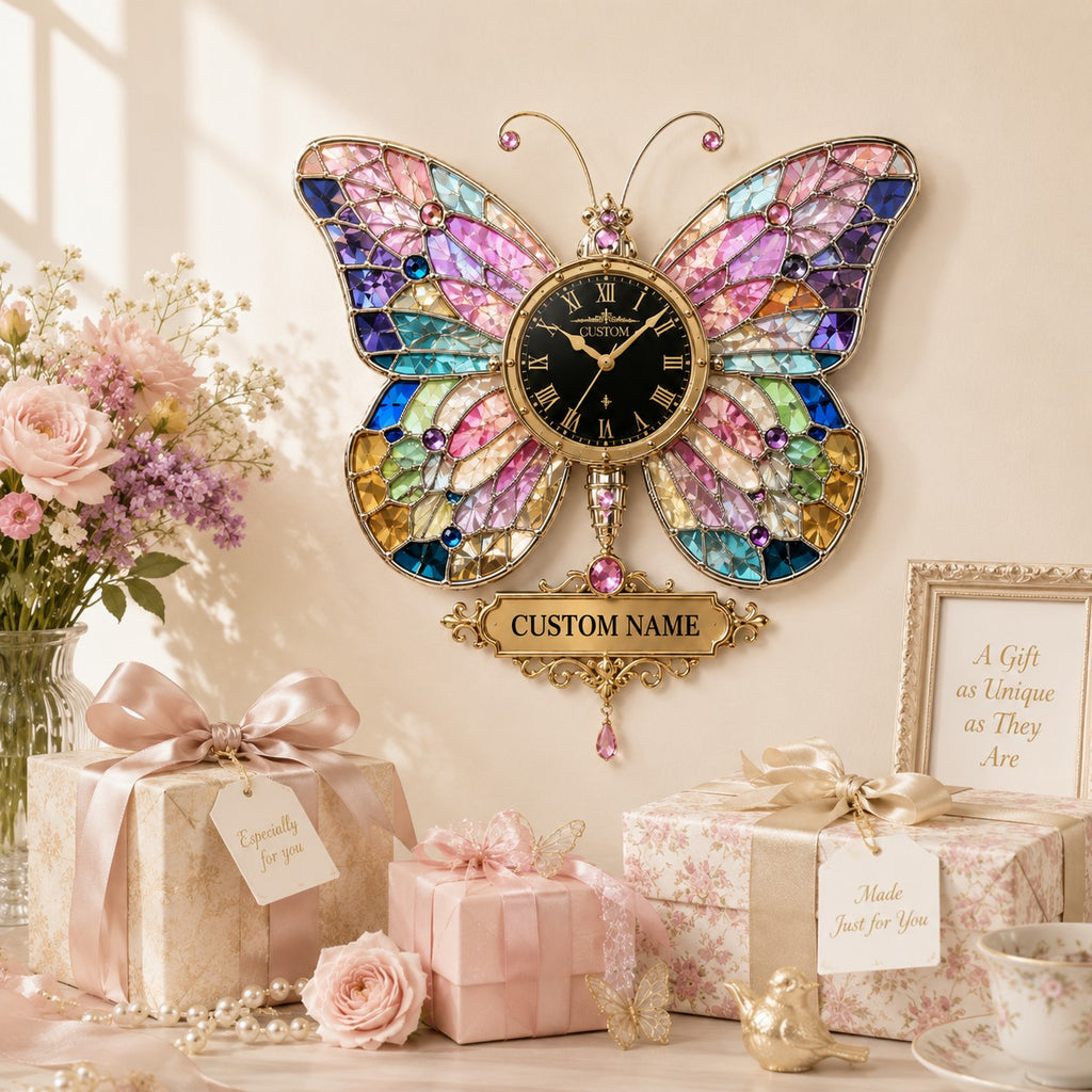 Personalized Stained Glass Butterfly Custom Name Wall Clock — personalized with a custom name