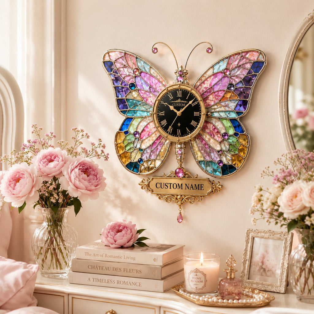 Personalized Stained Glass Butterfly Custom Name Wall Clock — personalized with a custom name