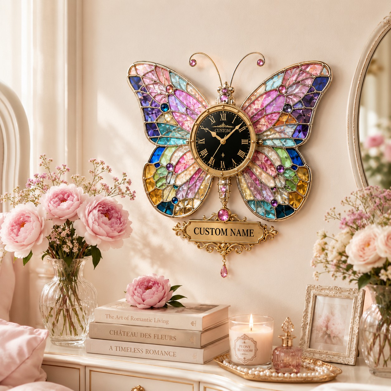 Personalized Stained Glass Butterfly Custom Name Wall Clock — personalized with a custom name