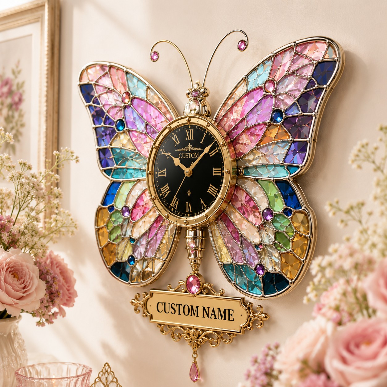 Personalized Stained Glass Butterfly Custom Name Wall Clock — personalized with a custom name