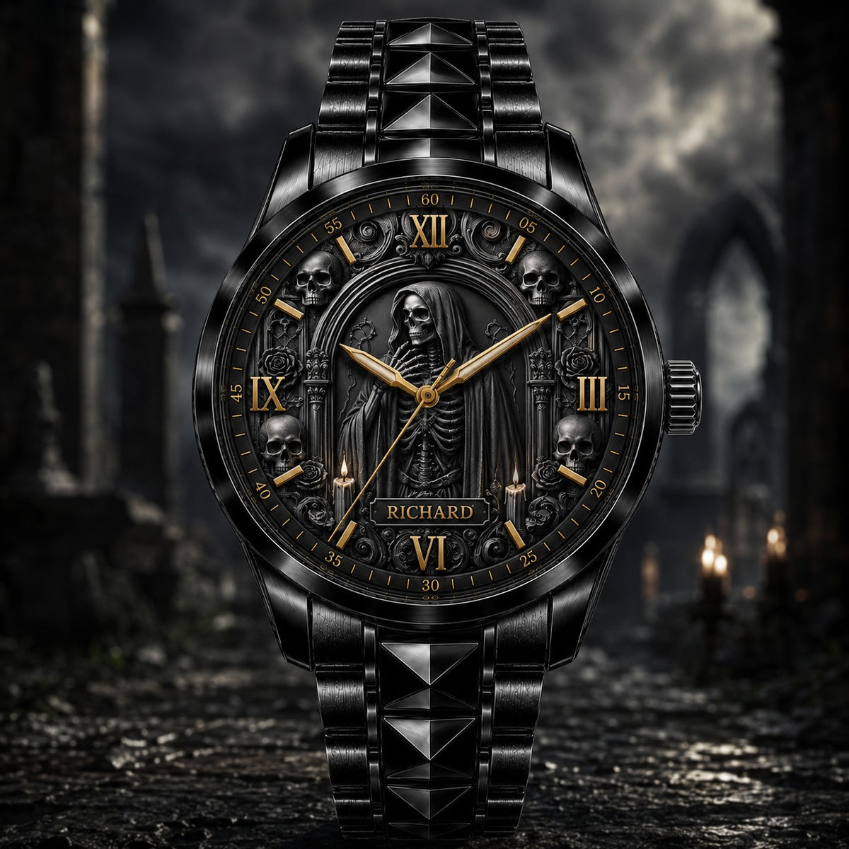 Custom Grim Reaper Gothic Watch — personalized with a custom name