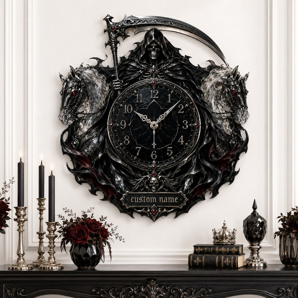 Personalized Grim Reaper twin spectral horse wall clock — personalized with a custom name