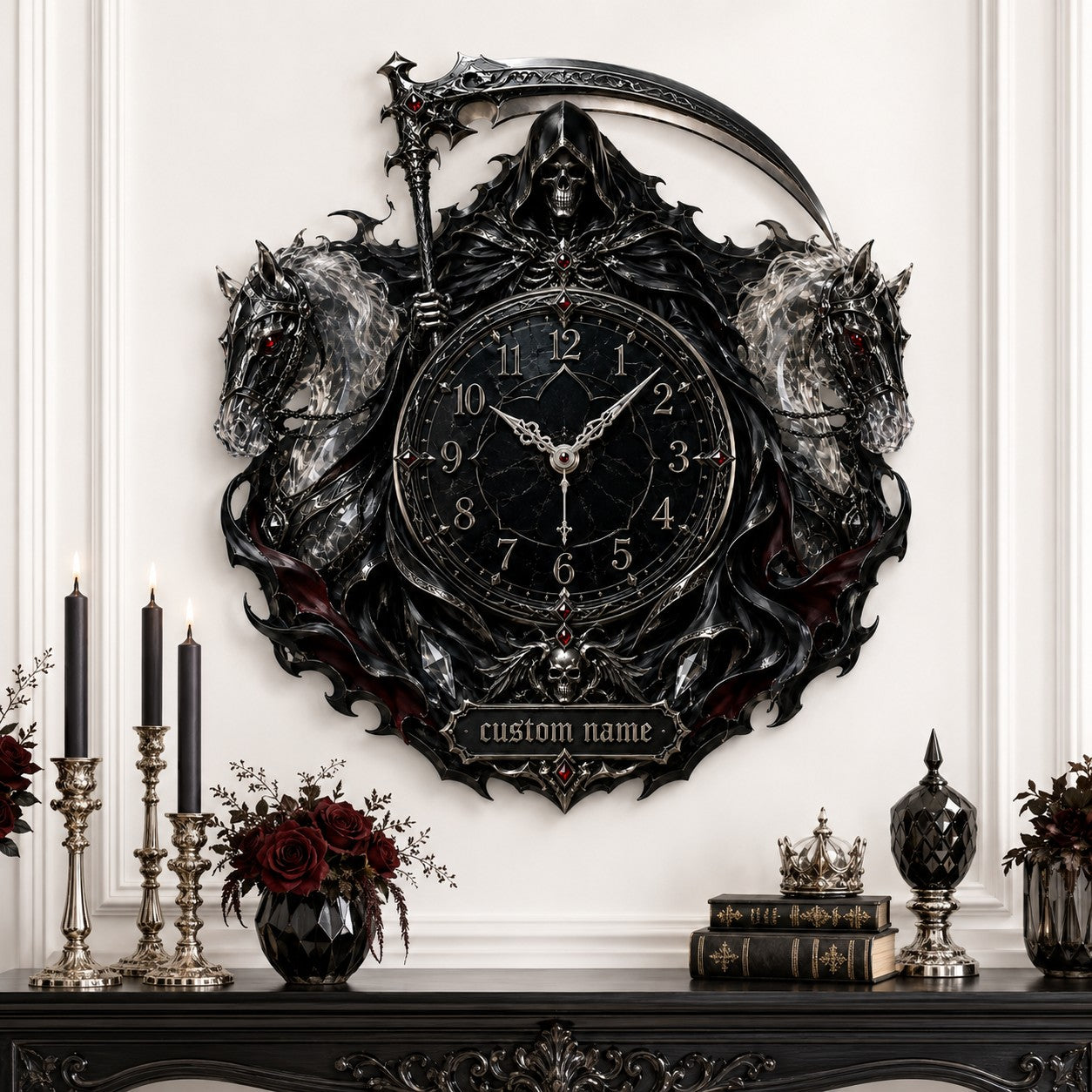 Personalized Grim Reaper twin spectral horse wall clock — personalized with a custom name