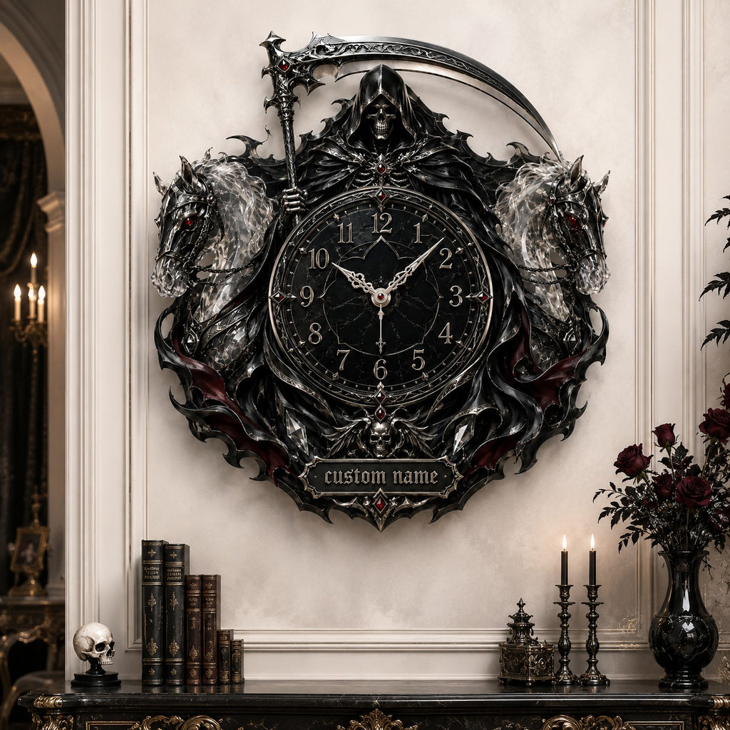 Personalized Grim Reaper twin spectral horse wall clock — personalized with a custom name