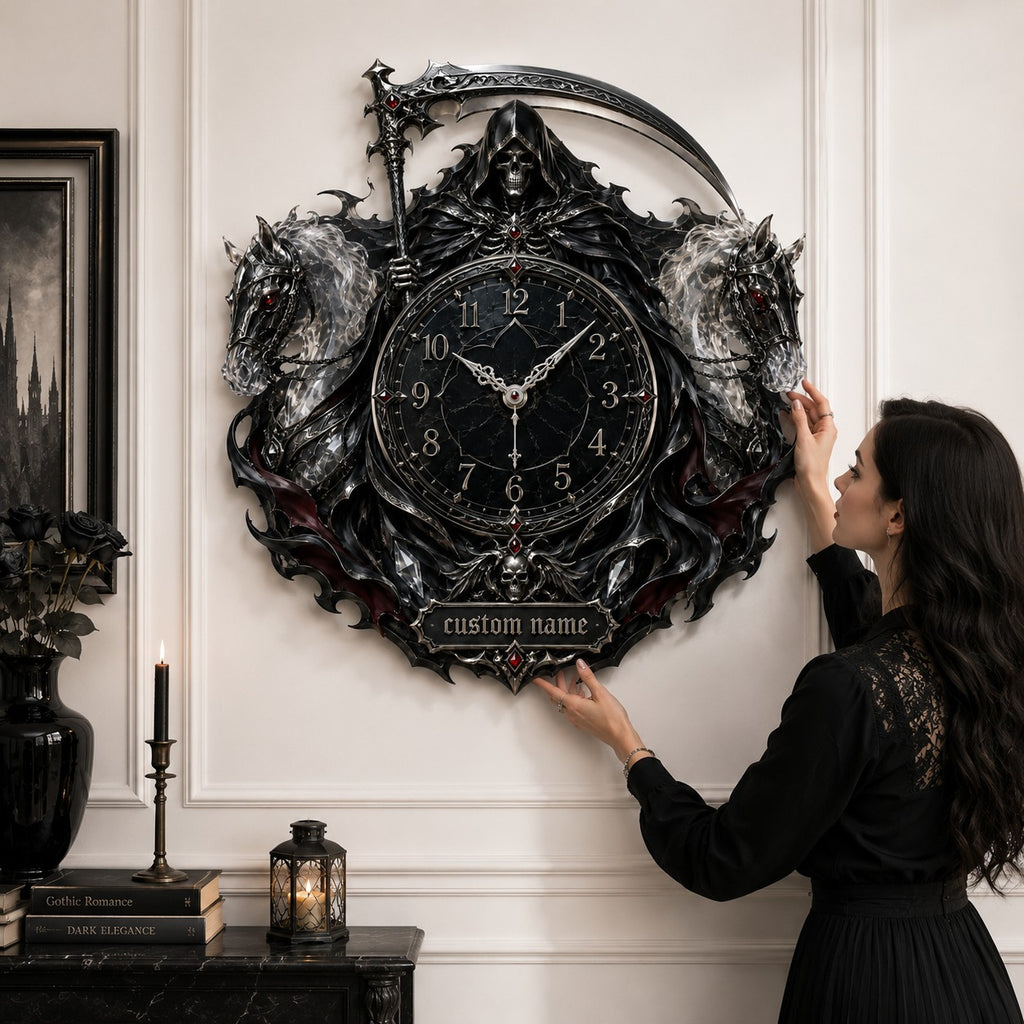 Personalized Grim Reaper twin spectral horse wall clock — personalized with a custom name