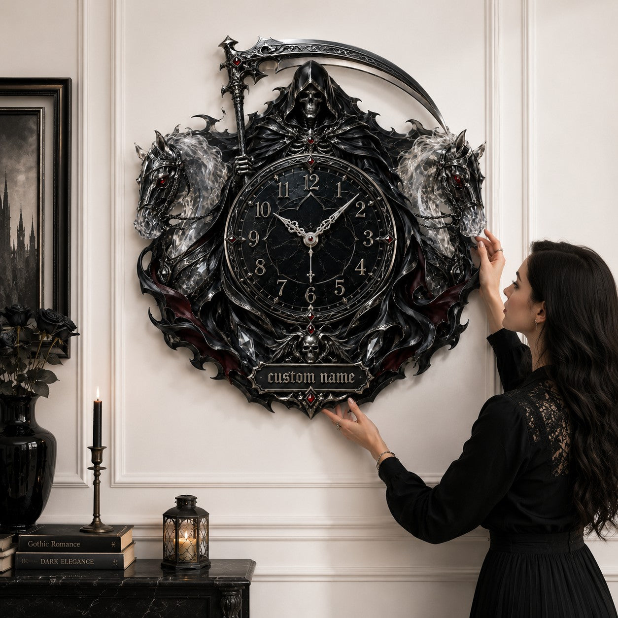 Personalized Grim Reaper twin spectral horse wall clock — personalized with a custom name