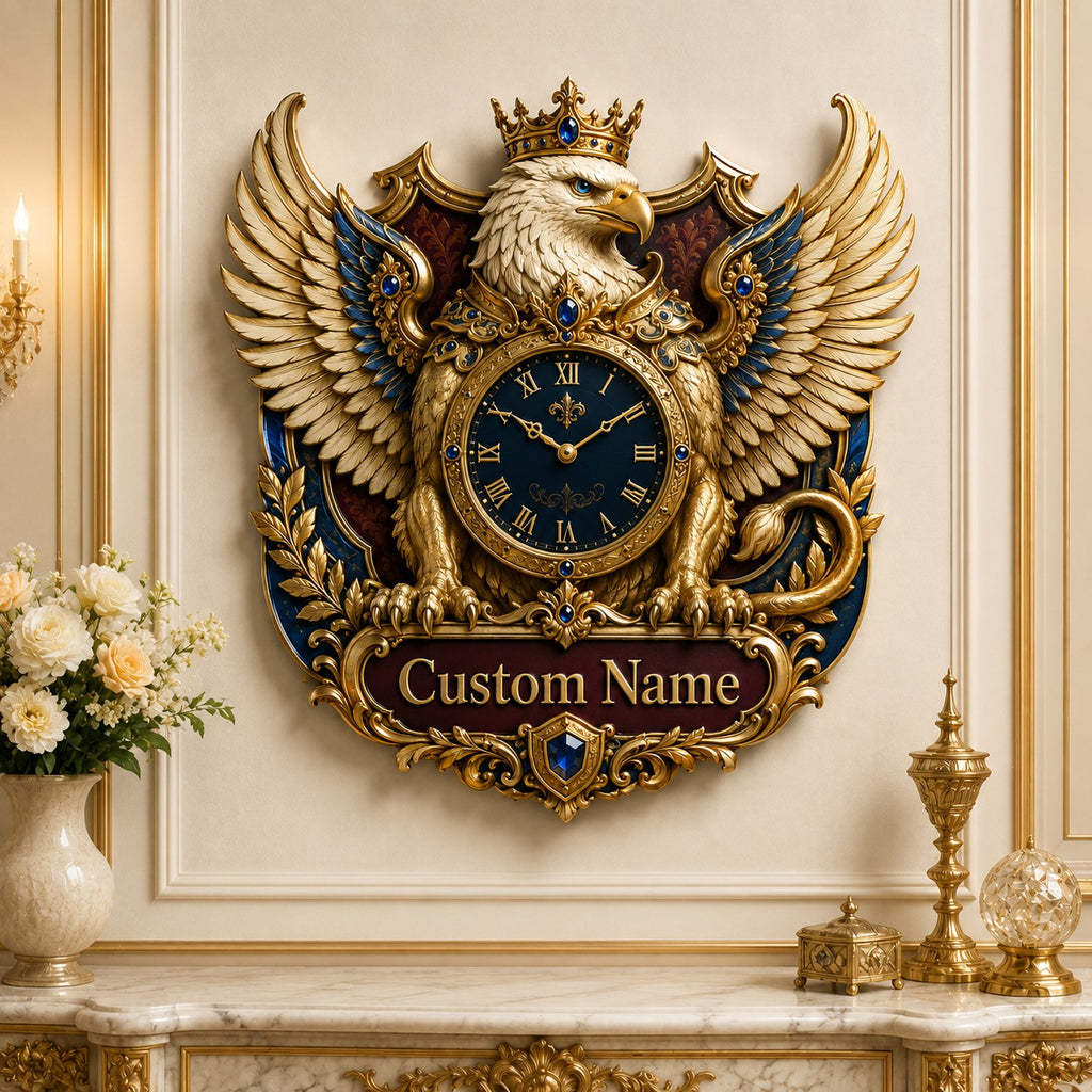 Personalized crowned eagle wall clock — personalized with a custom name