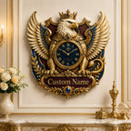Personalized crowned eagle wall clock — personalized with a custom name