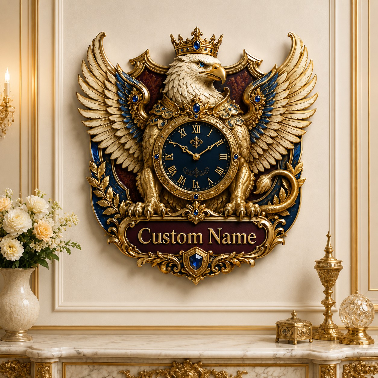 Personalized crowned eagle wall clock — personalized with a custom name