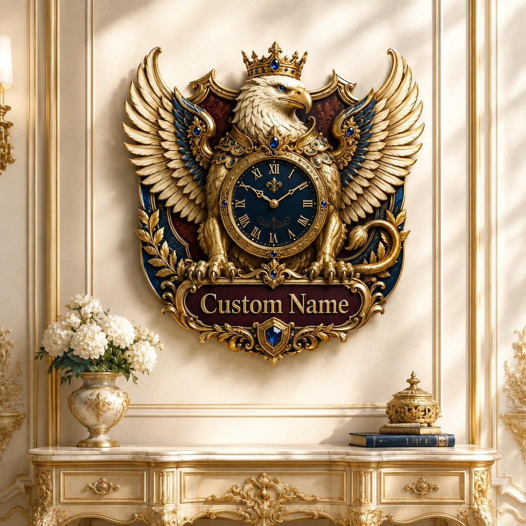 Personalized crowned eagle wall clock — personalized with a custom name