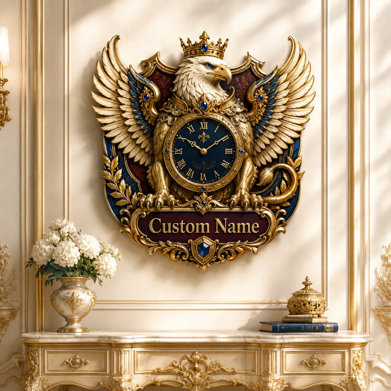 Personalized crowned eagle wall clock — personalized with a custom name
