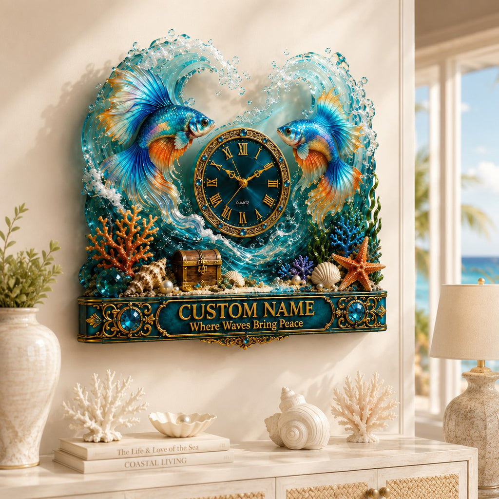 Betta fish Custom Name Wall Clock — personalized with a custom name