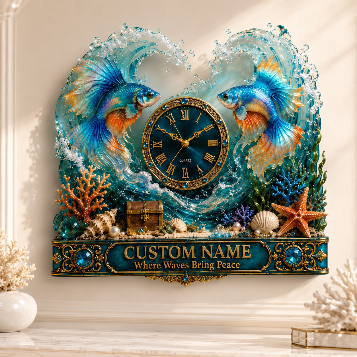 Betta fish Custom Name Wall Clock — personalized with a custom name