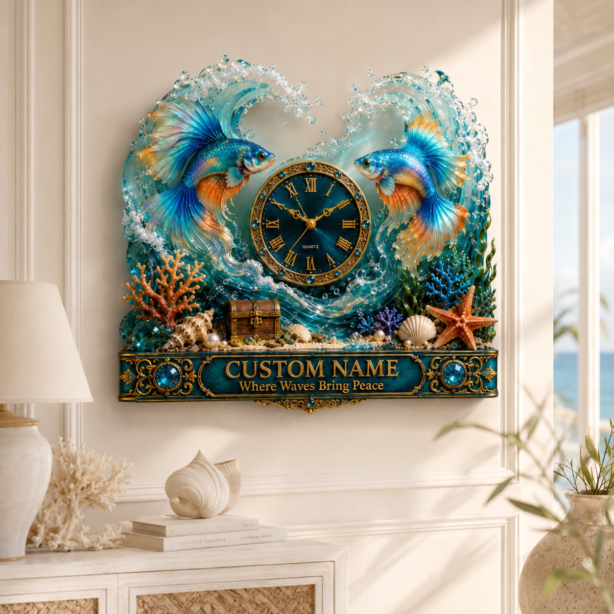 Betta fish Custom Name Wall Clock — personalized with a custom name