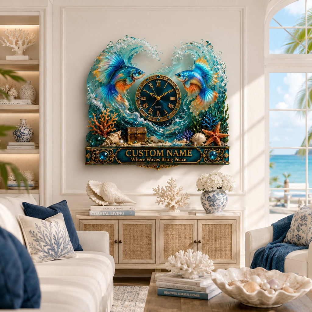 Betta fish Custom Name Wall Clock — personalized with a custom name