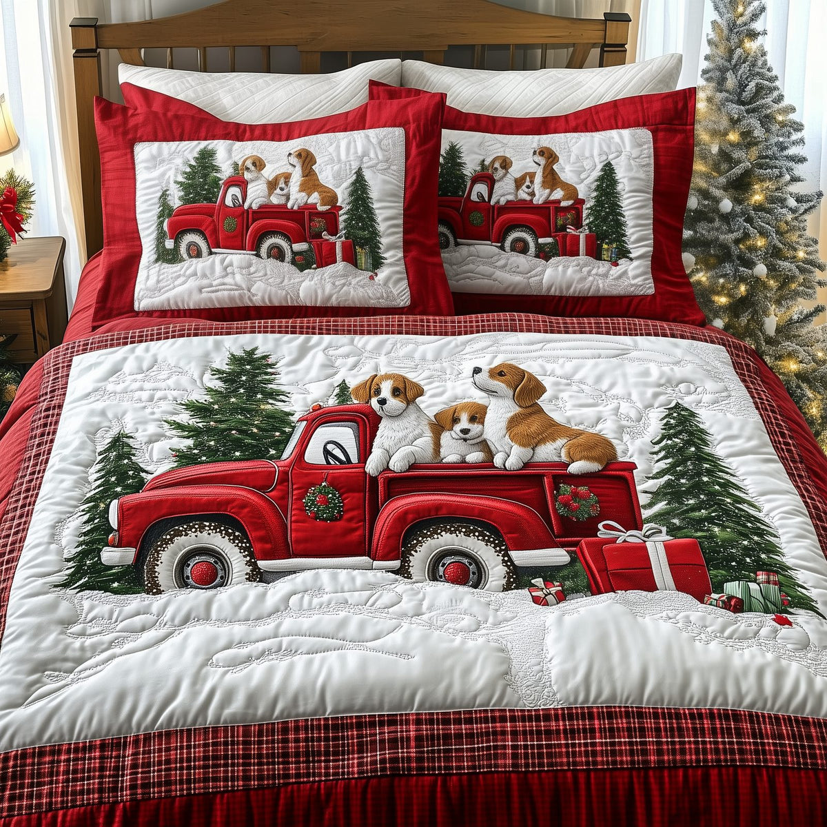 A Christmas Dog Ride 3-Piece Quilted Bedding Set GFTOTP1624 quilted 3-piece bedding set on a made bed in a winter-styled bedroom