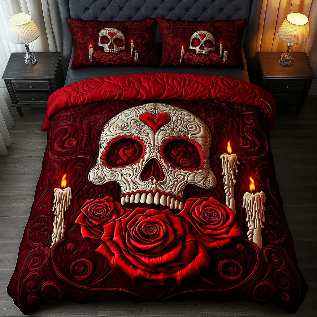 A Valentine Dinner 3-Piece Quilted Bedding Set GFTOAB1951 quilted 3-piece bedding set on a made bed with two matching pillow shams