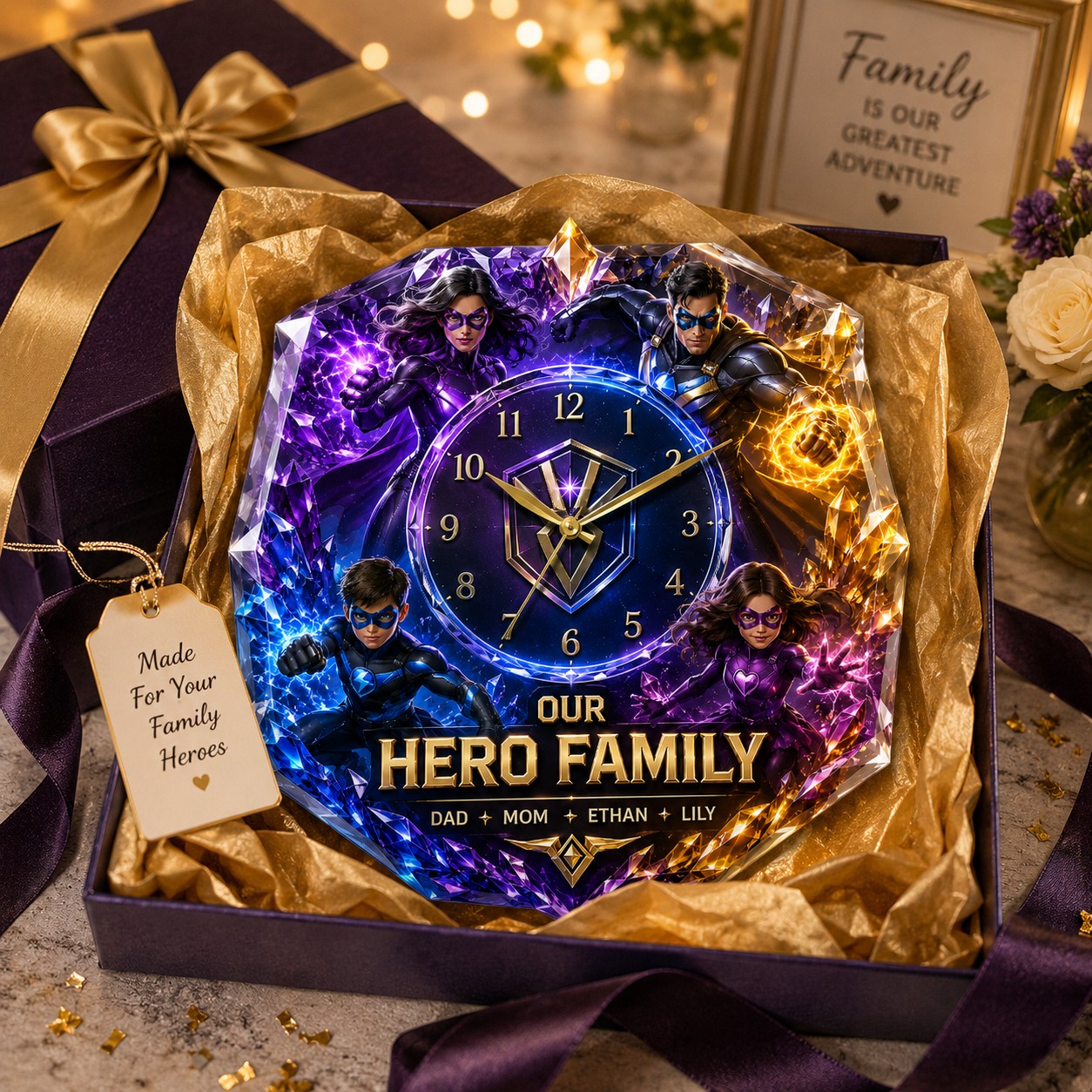 Personalized hero family Custom Name Wall Clock — personalized with a custom name