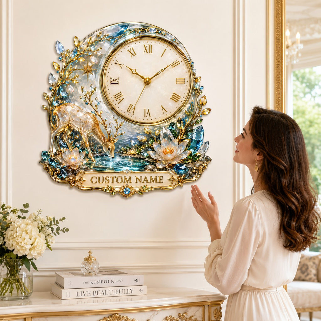 Personalized enchanted forest deer wall clock — personalized with a custom name