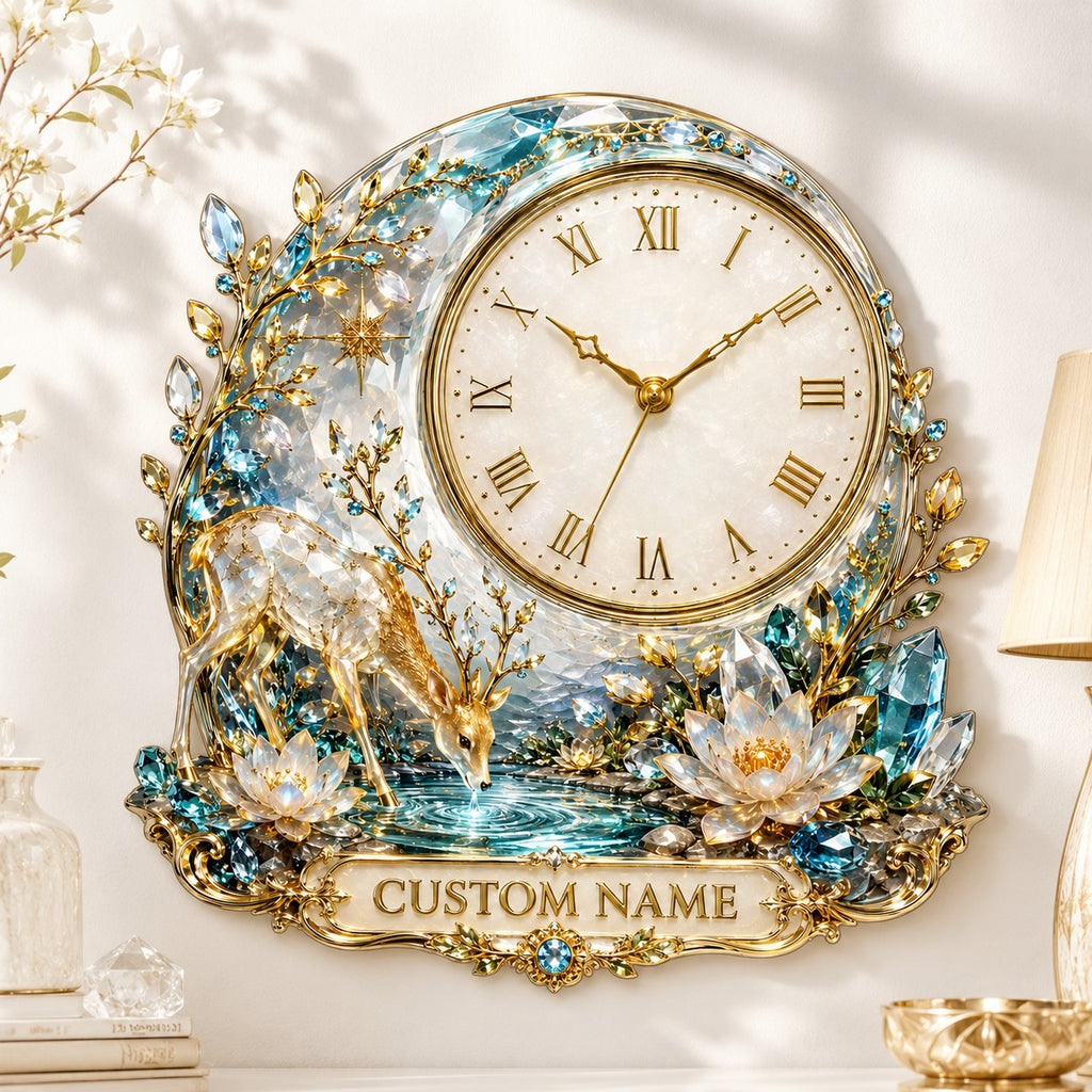 Personalized enchanted forest deer wall clock — personalized with a custom name