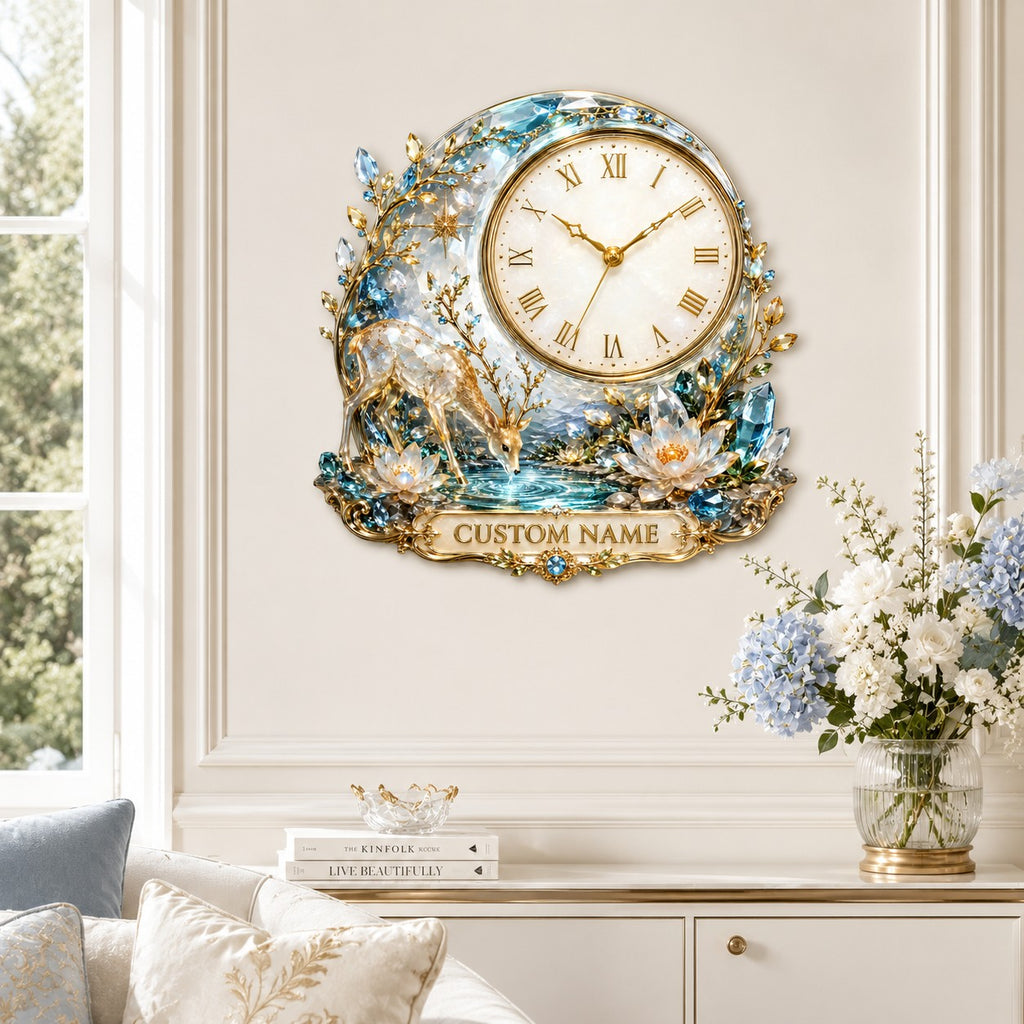 Personalized enchanted forest deer wall clock — personalized with a custom name