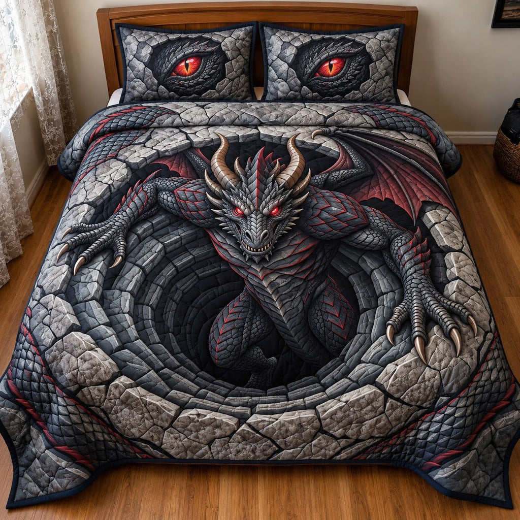 Abyss Dragon quilted 3-piece bedding set on a made bed with two matching pillow shams