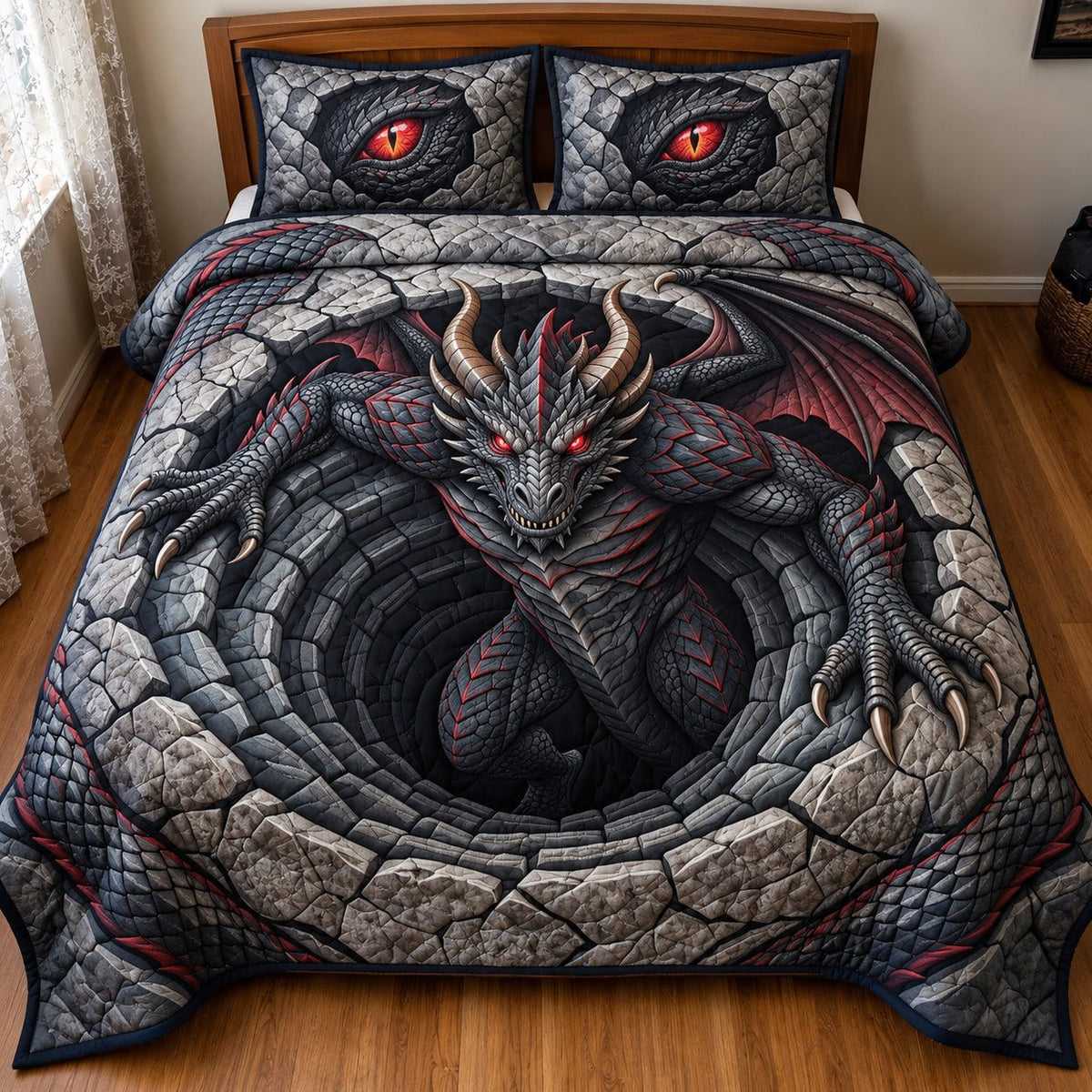 Abyss Dragon quilted 3-piece bedding set on a made bed with two matching pillow shams