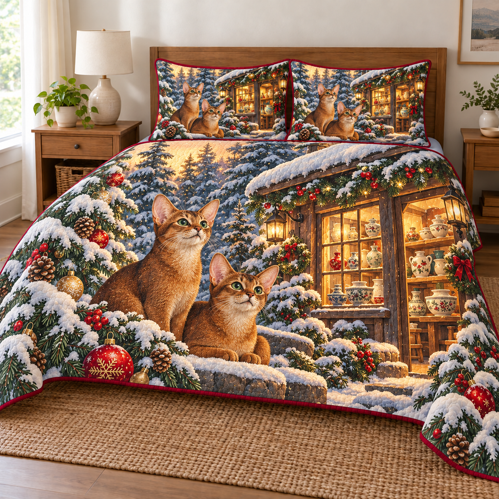 Abyssinian Cat Snowy Pottery printed Christmas quilt and two matching pillow shams; design mockup showing a flat printed depth effect.