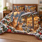 Abyssinian Cat Snowy Pottery printed Christmas quilt and two matching pillow shams; design mockup showing a flat printed depth effect.