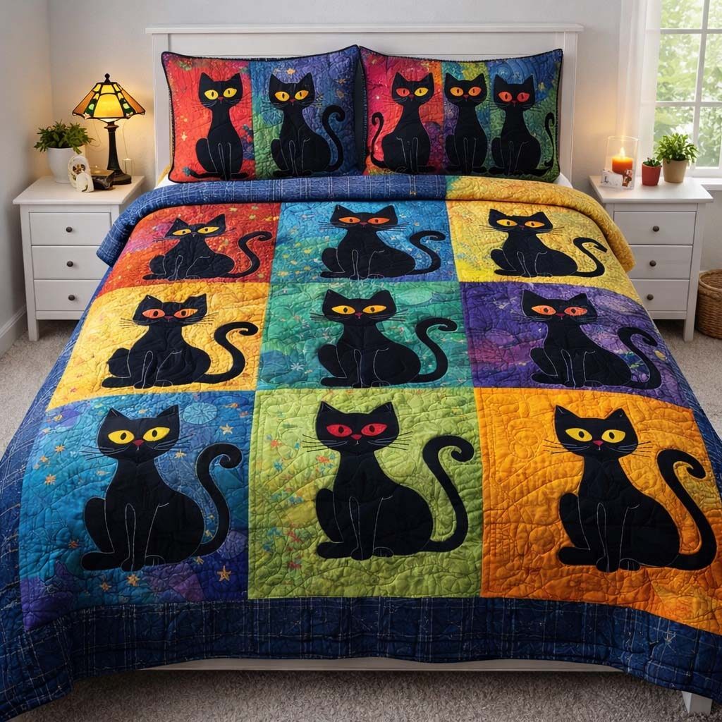Adorable Cats 3-Piece Quilted Bedding Set GFTOHD13075 quilted 3-piece bedding set on a made bed with two matching pillow shams