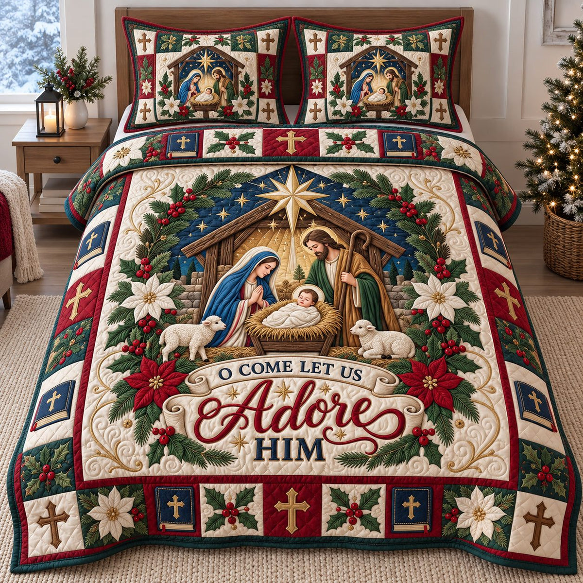Adore Him Nativity quilted 3-piece bedding set on a made bed in a winter-styled bedroom