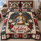 Adore Him Nativity quilted 3-piece bedding set on a made bed in a winter-styled bedroom