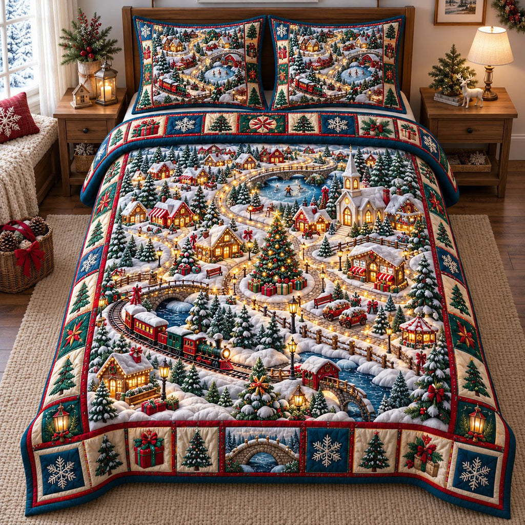 Aerial Train Loop Christmas Village quilted 3-piece bedding set on a made bed in a winter-styled bedroom