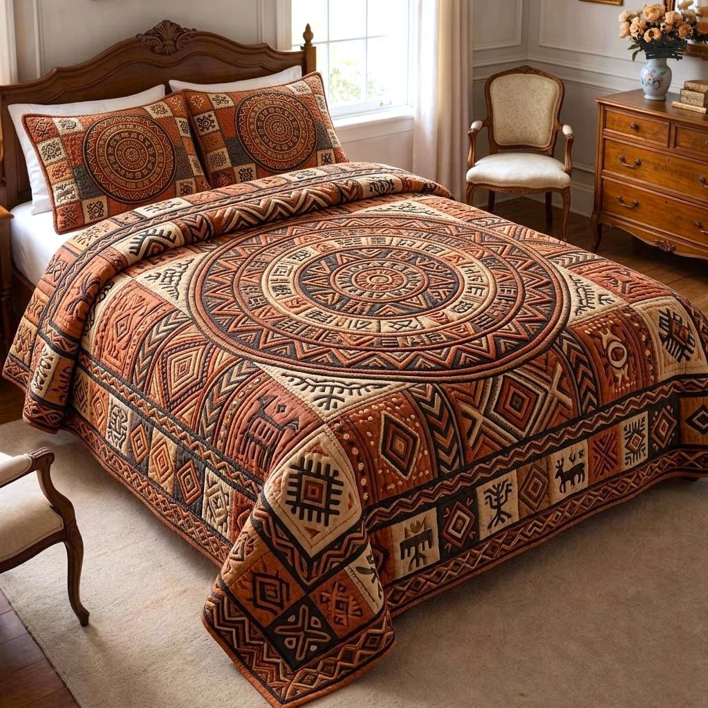African Heritage 3-Piece Quilted Bedding Set GFTOMA10677 quilted 3-piece bedding set on a made bed in a farmhouse bedroom