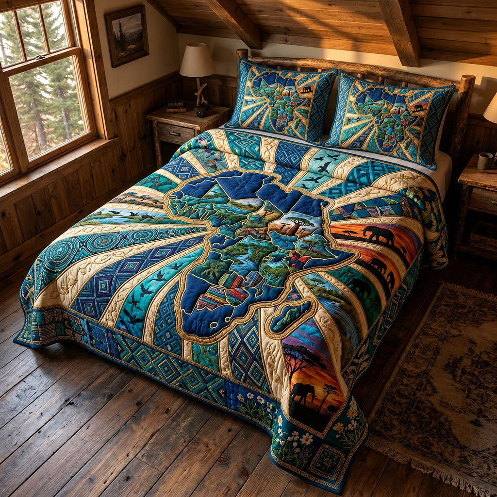 African Pride 3-Piece Quilted Bedding Set GFTOMA12174 quilted 3-piece bedding set on a made bed with two matching pillow shams