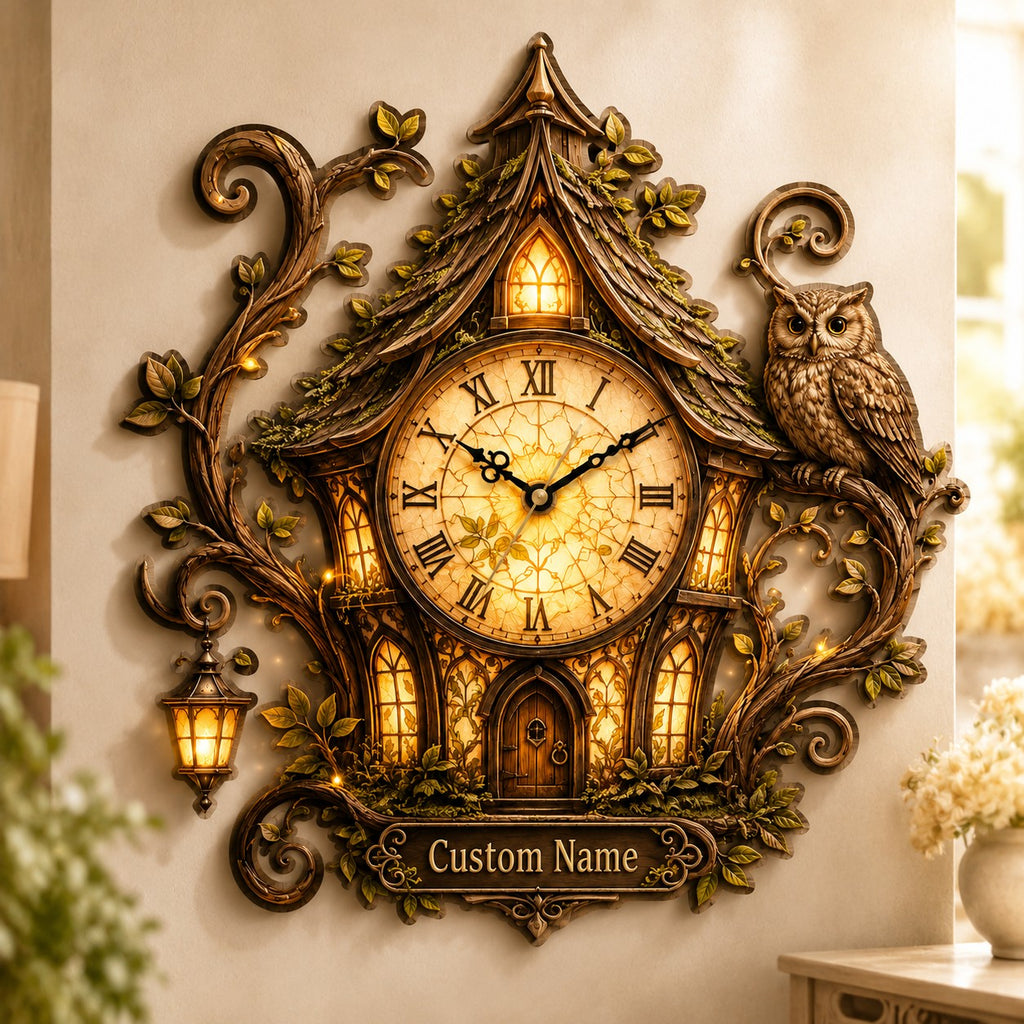 Owl cottage Custom Name Wall Clock — personalized with a custom name