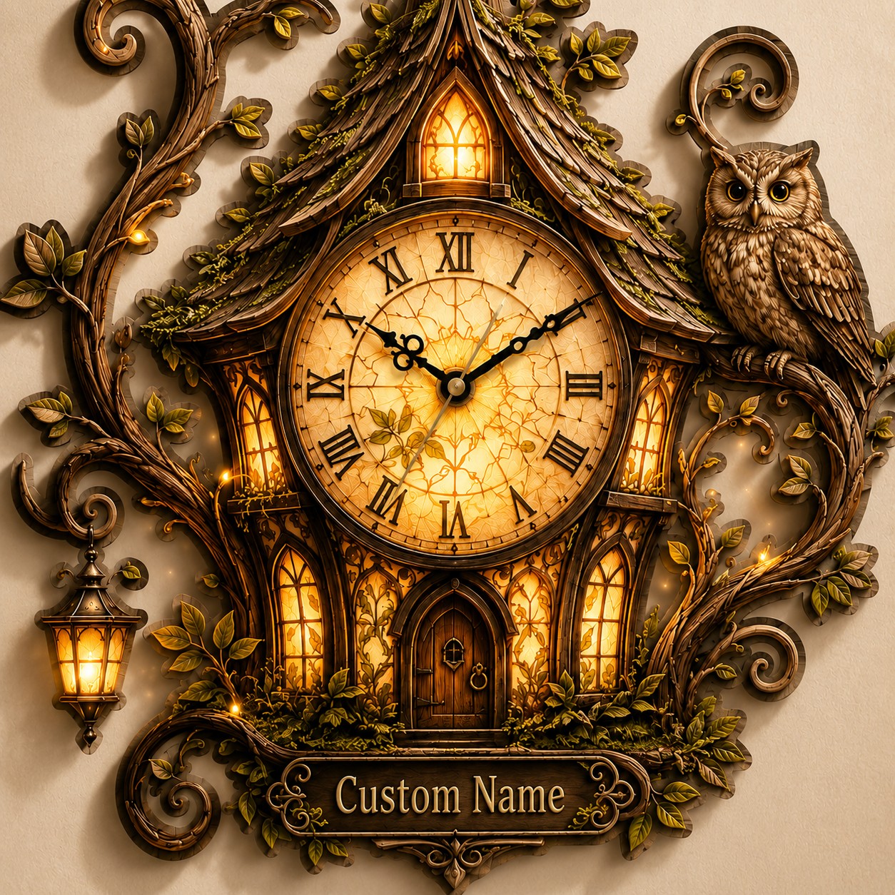 Owl cottage Custom Name Wall Clock — personalized with a custom name