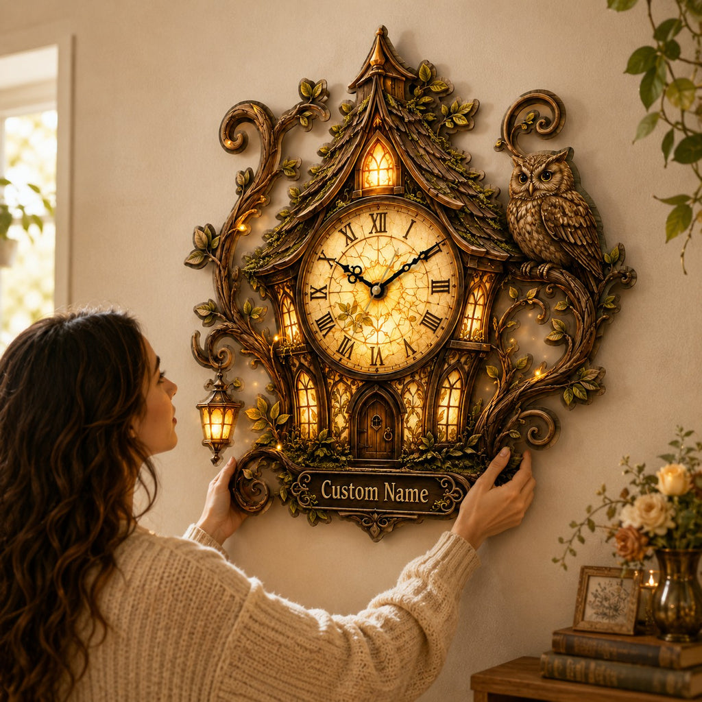 Owl cottage Custom Name Wall Clock — personalized with a custom name