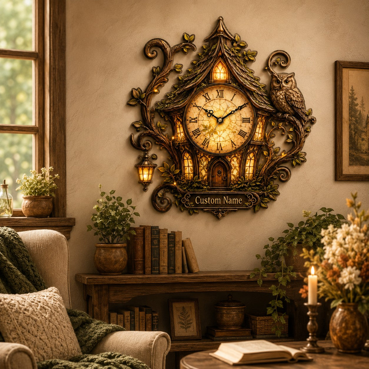 Owl cottage Custom Name Wall Clock — personalized with a custom name