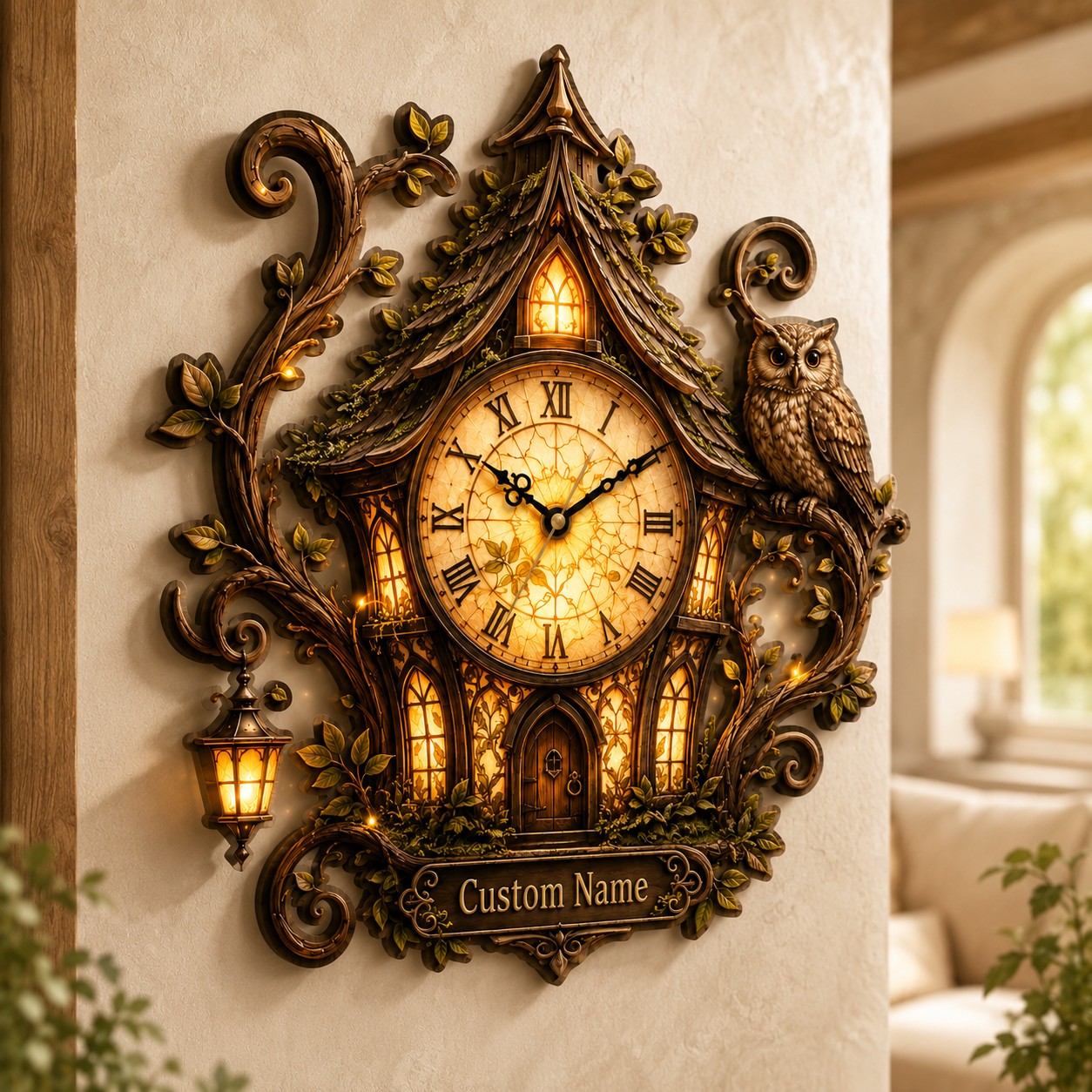 Owl cottage Custom Name Wall Clock — personalized with a custom name