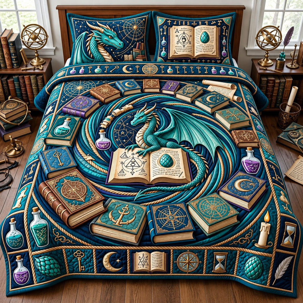 Alchemist Dragon quilted 3-piece bedding set on a made bed with two matching pillow shams