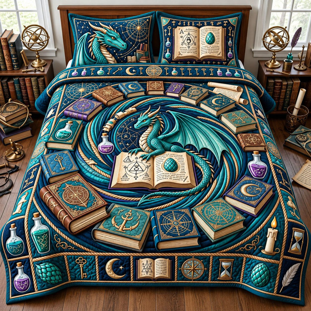 Alchemist Dragon quilted 3-piece bedding set on a made bed with two matching pillow shams