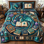 Alchemist Dragon quilted 3-piece bedding set on a made bed with two matching pillow shams